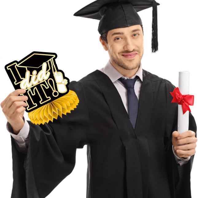 UUBAO 9 PCS Custom Graduation Party Honeycomb Centerpieces Class of 2025 Congrats Grad Decorations Congratulate Graduation Table Toppers for Graduation Party Favor Supplies (Black and Gold)