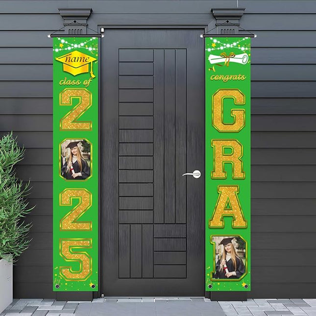 UUBAO Custom Graduation Party Decorations 2025 Personalization Congrats Grad Banner Graduation Front Door Porch Sign Backdrop(Light Green and Gold)