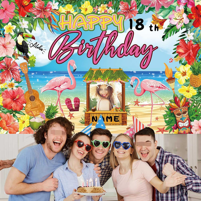 UUBAO Custom Happy Birthday Banner Flamingo Themed Party Decoration Tropical Floral Photo Booth Hawaiian Party Decoration for Luau Beach
