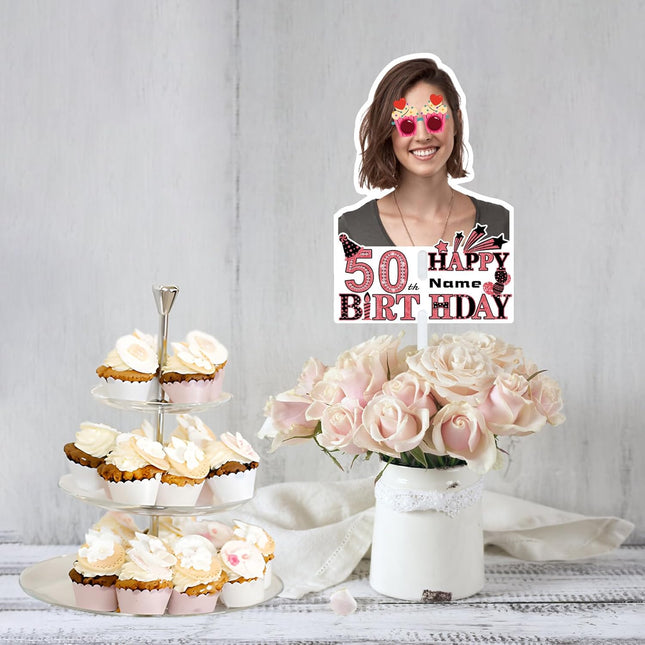 UUBAO Custom Happy Birthday Face Cutout Fans Personalized Photo Prop Signs for Birthday Party(Black and Rose Gold)