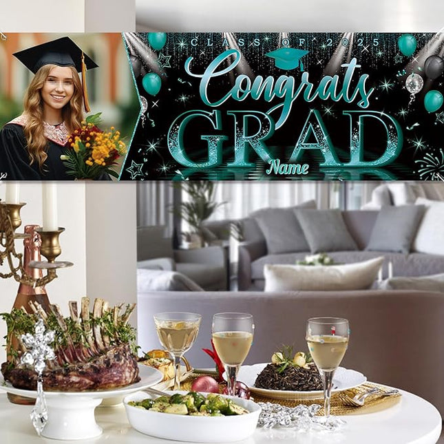 UUBAO Custom Graduation Party Decorations Personalization Banner Class of 2025 Backdrop (Peacock Blue）