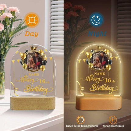 UUBAO Personalized Happy Birthday Night Light Gift with Photo Customized Acrylic Lamp for Her Mom Daughter Grandma Nana(Black and Gold)