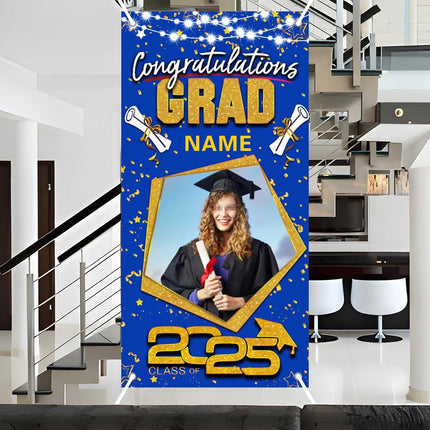 UUBAO Custom Graduation Party Decorations Personalization Banner Class of 2025 Backdrop Door Cover (Blue and Gold)