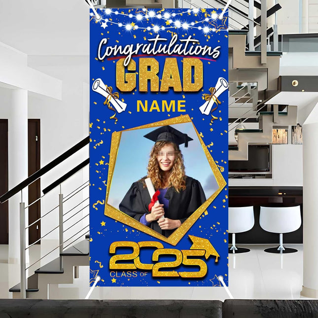 UUBAO Custom Graduation Party Decorations Personalization Banner Class of 2025 Backdrop Door Cover (Blue and Gold)
