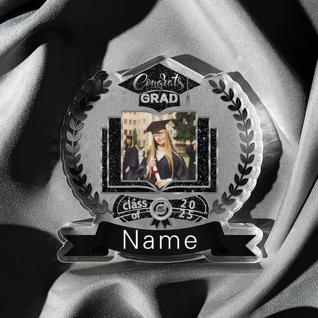UUBAO Customized Graduation Plaque with Single Picture Custom Picture 2025 Congrats Grad Crystal Desktop Farewell Keepsake Gift (Black and Silver)