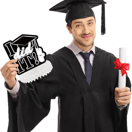 UUBAO 9 PCS Custom Graduation Party Honeycomb Centerpieces Class of 2025 Congrats Grad Decorations Congratulate Graduation Table Toppers for Graduation Party Favor Supplies (Black and Silver)