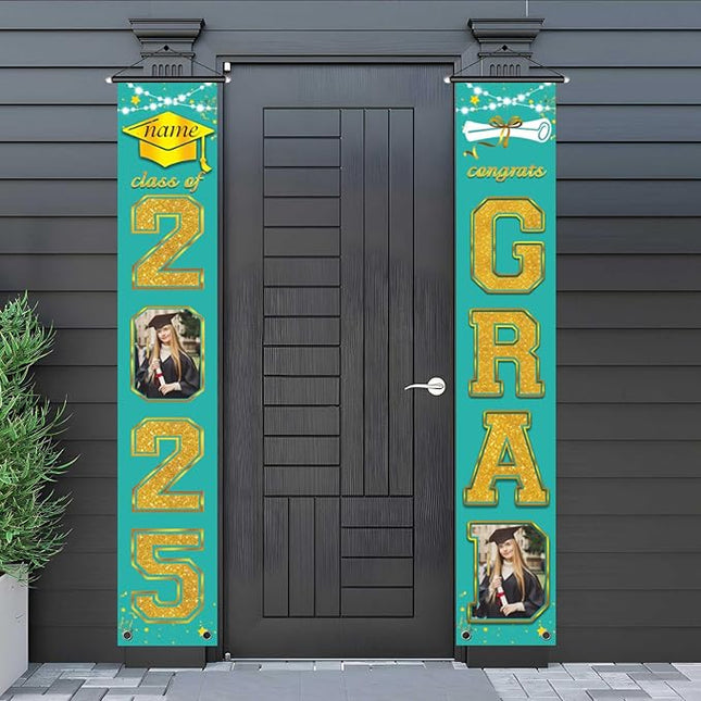 UUBAO Custom Graduation Party Decorations 2025 Personalization Congrats Grad Banner Graduation Front Door Porch Sign Backdrop(Peacock Blue and Gold)