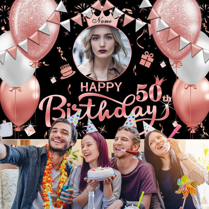 UUBAO Custom Rose Gold Happy Birthday Banner Backdrop Birthday Decorations Party Supplies for Girl Women