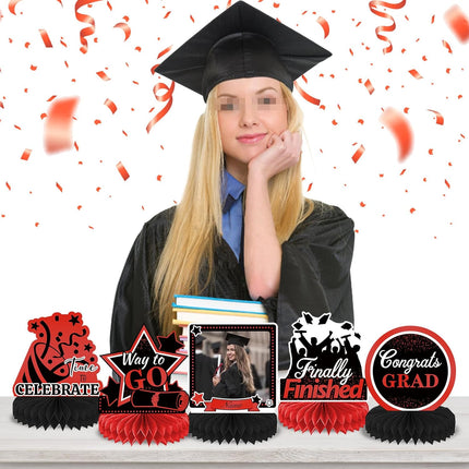 UUBAO 9 PCS Custom Graduation Party Honeycomb Centerpieces Class of 2025 Congrats Grad Decorations Congratulate Graduation Table Toppers for Graduation Party Favor Supplies (Red)