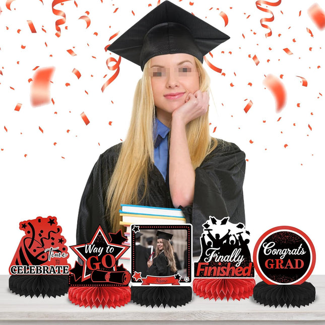 UUBAO 9 PCS Custom Graduation Party Honeycomb Centerpieces Class of 2025 Congrats Grad Decorations Congratulate Graduation Table Toppers for Graduation Party Favor Supplies (Red)