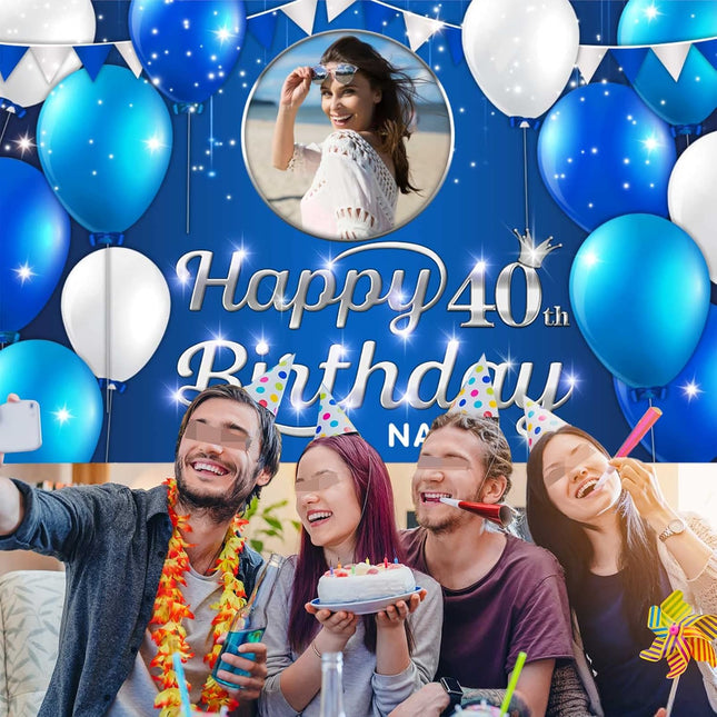 UUBAO Custom Navy Blue Theme Birthday Banner for Party Happy Birthday Backdrop Decoration Personalized with Name and Photo