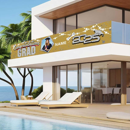 UUBAO Custom Graduation Party Decorations 2025 Personalization Congrats Grad Banner Graduation Backdrop(Champagne and Silver)