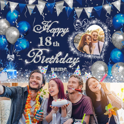 UUBAO Custom Navy Blue Theme Birthday Banner for Party Happy Birthday Backdrop Decoration Personalized with Name and Photo