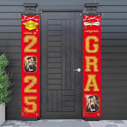 UUBAO Custom Graduation Party Decorations 2025 Personalization Congrats Grad Banner Graduation Front Door Porch Sign Backdrop(Red and Gold)