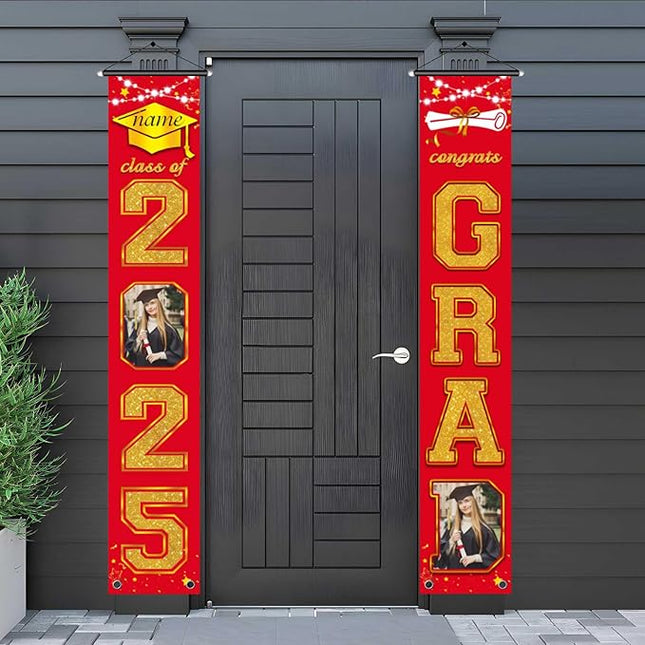 UUBAO Custom Graduation Party Decorations 2025 Personalization Congrats Grad Banner Graduation Front Door Porch Sign Backdrop(Red and Gold)