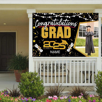 UUBAO Custom Graduation Party Decorations Personalization Banner Class of 2025 Backdrop (Black and Gold)