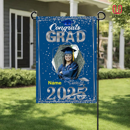UUBAO Custom Graduation Garden Flag with Photo Class of 2025 Congrats Grad Double Sided Yard Flag Decorative Gifts (Blue and Silver)