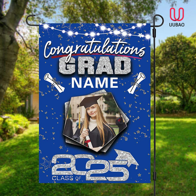 UUBAO Custom Graduation Garden Flag with Photo Class of 2025 Congrats Grad Double Sided Yard Flag Decorative Gifts (Blue and Silver)