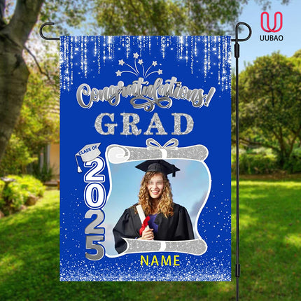 UUBAO Custom Graduation Garden Flag with Photo Class of 2025 Congrats Grad Double Sided Yard Flag Decorative Gifts (Blue and Silver)