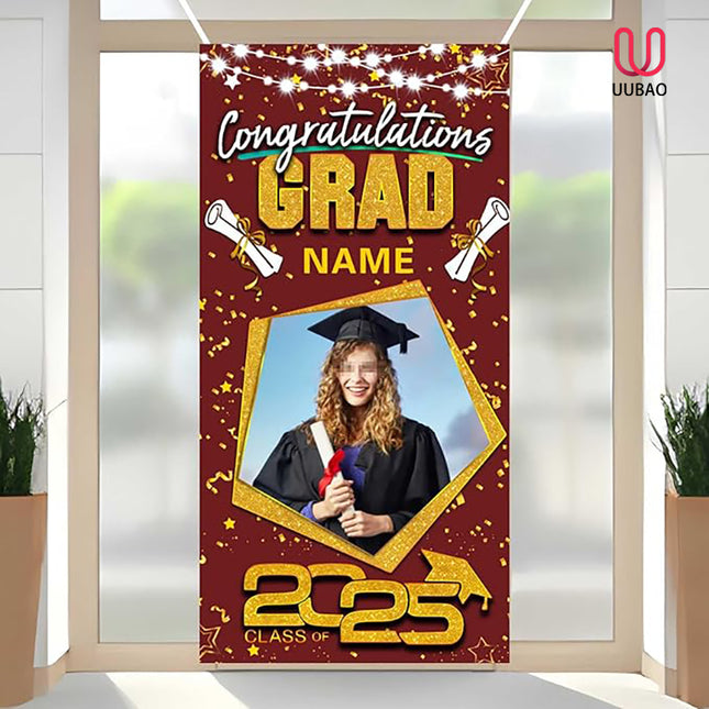 UUBAO Custom Graduation Party Decorations Personalization Banner Class of 2025 Backdrop Door Cover (Maroon and Gold)