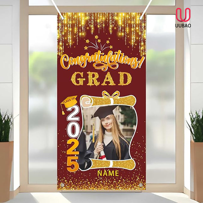 UUBAO Custom Graduation Party Decorations Personalization Banner Class of 2025 Backdrop Door Cover (Maroon and Gold)
