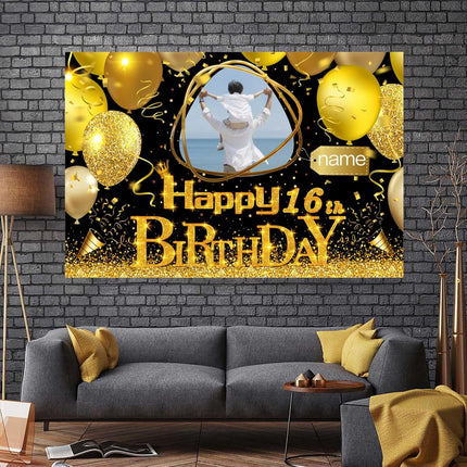 UUBAO Custom Black Gold Theme Birthday Banner for Party Happy Birthday Backdrop Decoration Personalized with Name and Photo