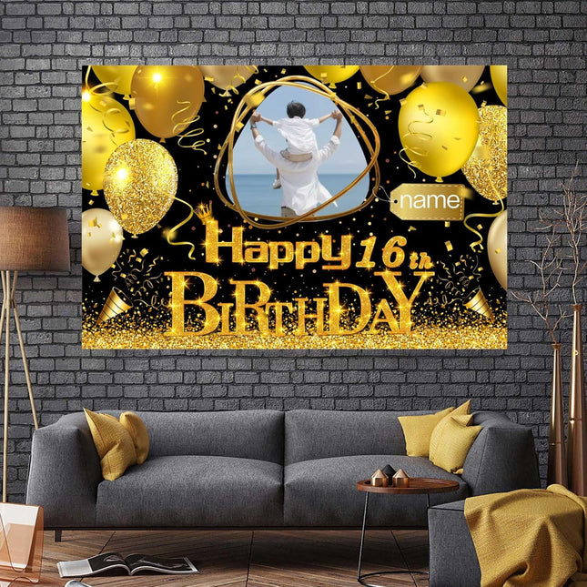 UUBAO Custom Black Gold Theme Birthday Banner for Party Happy Birthday Backdrop Decoration Personalized with Name and Photo