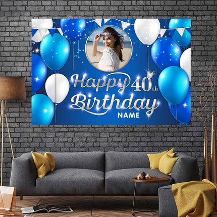UUBAO Custom Navy Blue Theme Birthday Banner for Party Happy Birthday Backdrop Decoration Personalized with Name and Photo