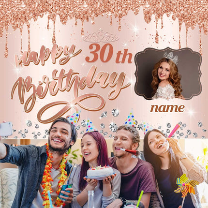 UUBAO Custom Happy Birthday Backdrop Personalization Glitter Diamond Banner for Girls Women(Rose Gold)