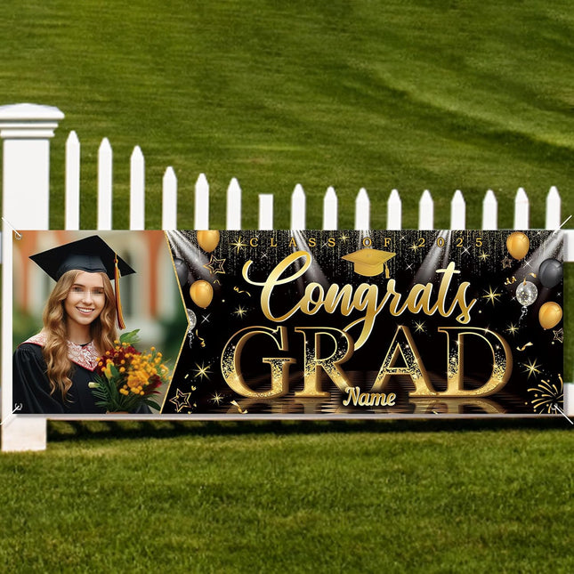UUBAO Custom Graduation Party Decorations Personalization Banner Class of 2025 Backdrop (Black and Gold）