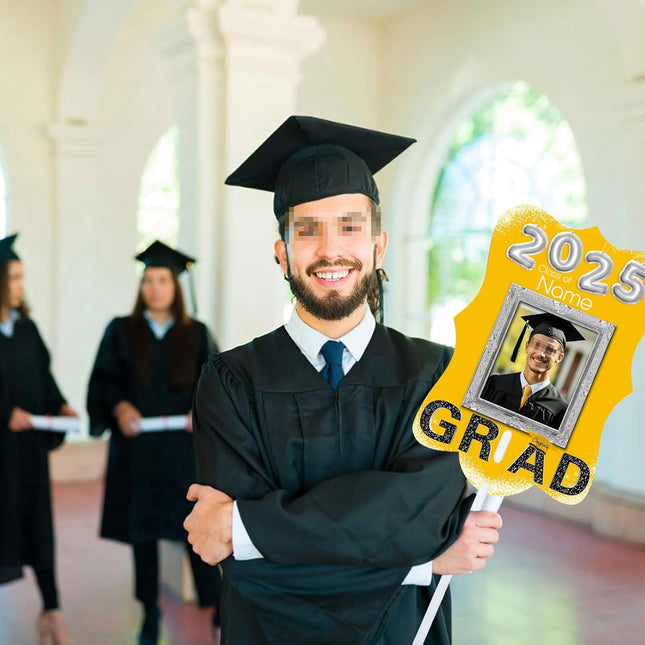 UUBAO Personalized Graduation Double Sided Face Fan Class of 2025 Customized Graduation Head Face Cutout with Handle Fun Photo Prop Supplies(Yellow)