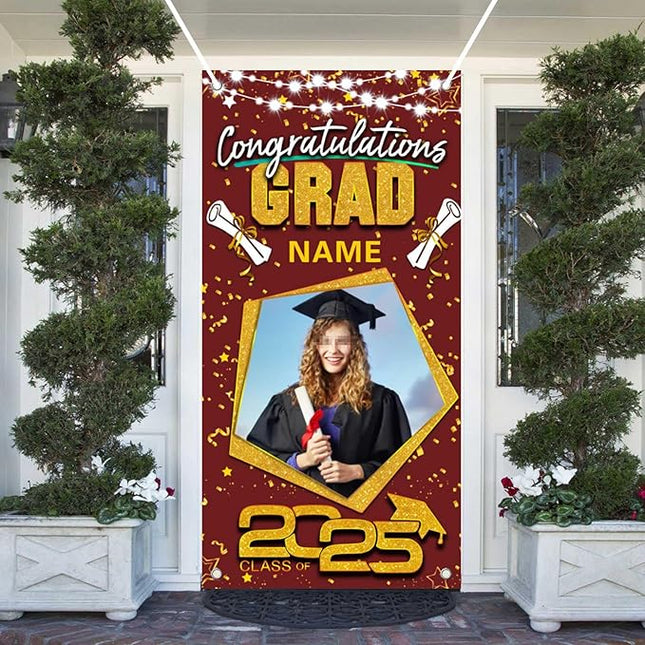 UUBAO Custom Graduation Party Decorations Personalization Banner Class of 2025 Backdrop Door Cover (Maroon and Gold)
