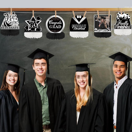 UUBAO 9 PCS Custom Graduation Party Honeycomb Centerpieces Class of 2025 Congrats Grad Decorations Congratulate Graduation Table Toppers for Graduation Party Favor Supplies (Black and Silver)