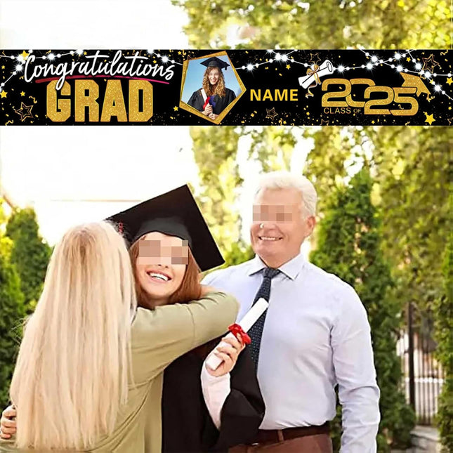 UUBAO Custom Graduation Party Decorations 2025 Personalization Congrats Grad Banner Graduation Backdrop(Black and Gold)