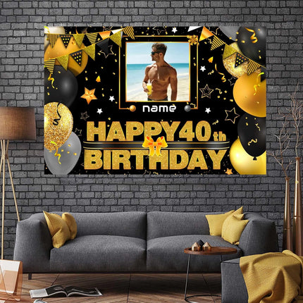 UUBAO Custom Black Gold Theme Birthday Banner for Party Happy Birthday Backdrop Decoration Personalized with Name and Photo