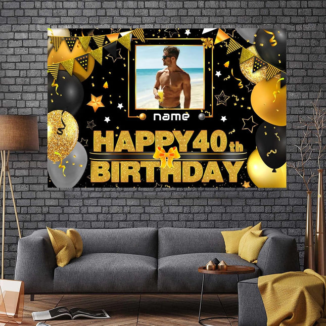 UUBAO Custom Black Gold Theme Birthday Banner for Party Happy Birthday Backdrop Decoration Personalized with Name and Photo