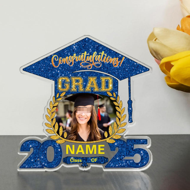 UUBAO Customized Graduation Plaque with Photo Crystal Desktop Keepsake Gift (Blue and Gold)