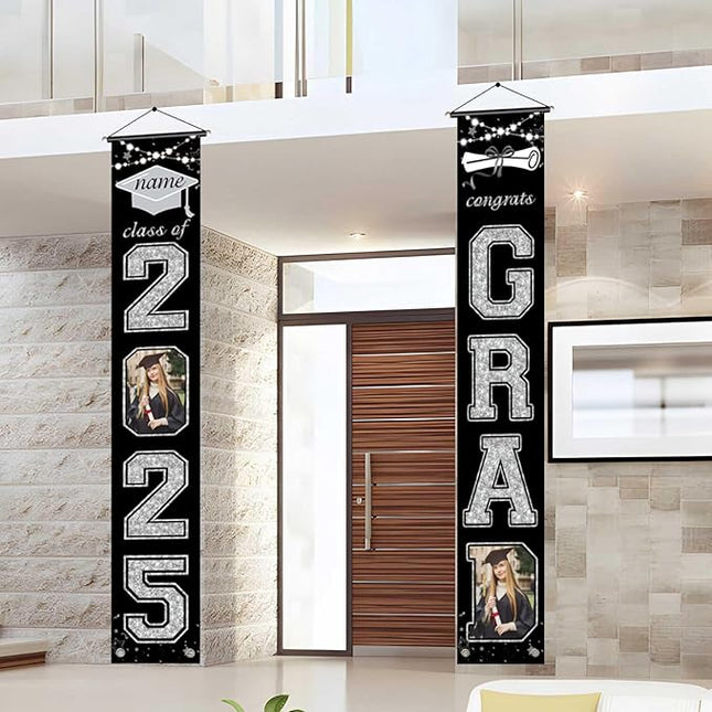 UUBAO Custom Graduation Party Decorations 2025 Personalization Congrats Grad Banner Graduation Front Door Porch Sign Backdrop(Black and Silver)