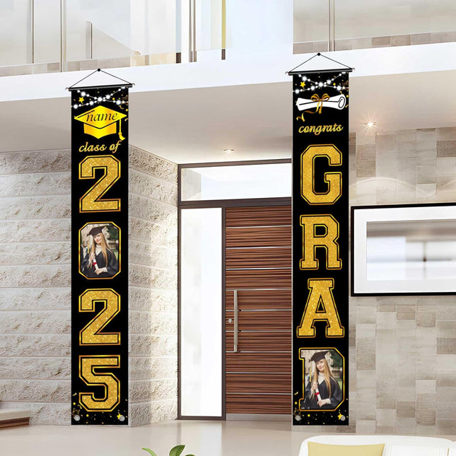 UUBAO Custom Graduation Party Decorations 2025 Personalization Congrats Grad Banner Graduation Front Door Porch Sign Backdrop(Black and Gold)