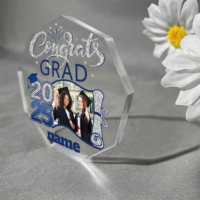 UUBAO Personalized Graduation Gift Class of 2025 Desk Paperweight Farewell Memorial Decorative Signs Plaques with Photo (Blue and Silver)