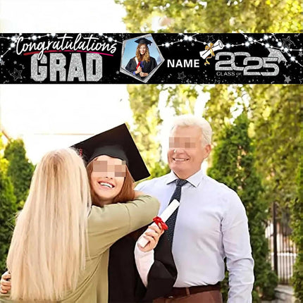 UUBAO Custom Graduation Party Decorations 2025 Personalization Congrats Grad Banner Graduation Backdrop(Black and Silver)