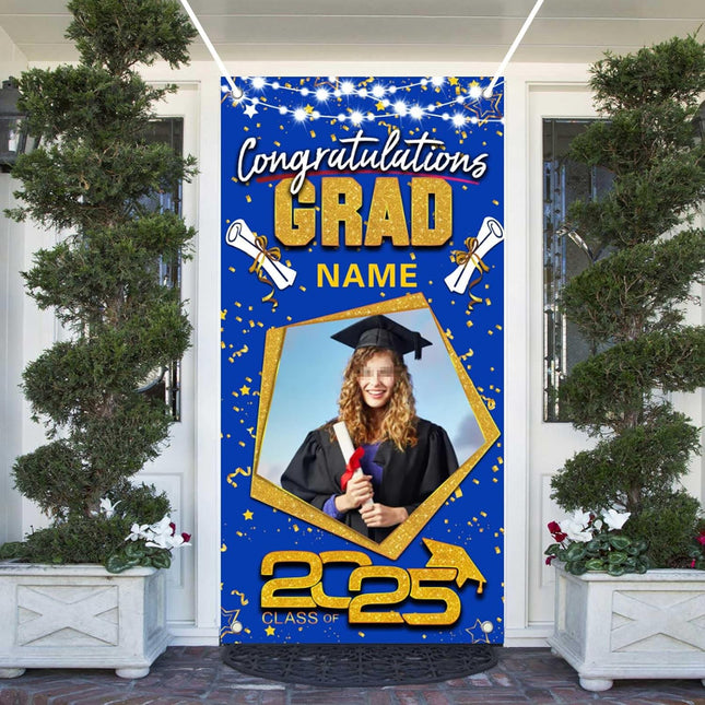 UUBAO Custom Graduation Party Decorations Personalization Banner Class of 2025 Backdrop Door Cover (Blue and Gold)