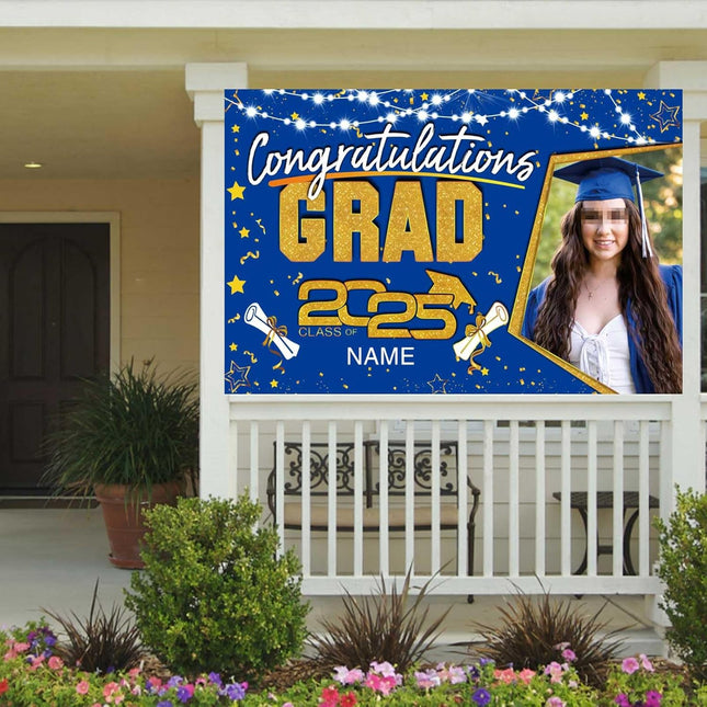 UUBAO Custom Graduation Party Decorations Personalization Banner Class of 2025 Backdrop (Blue and Gold)