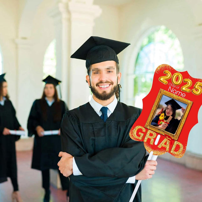 UUBAO Personalized Graduation Double Sided Face Fan Class of 2025 Customized Graduation Head Face Cutout with Handle Fun Photo Prop Supplies(Red)