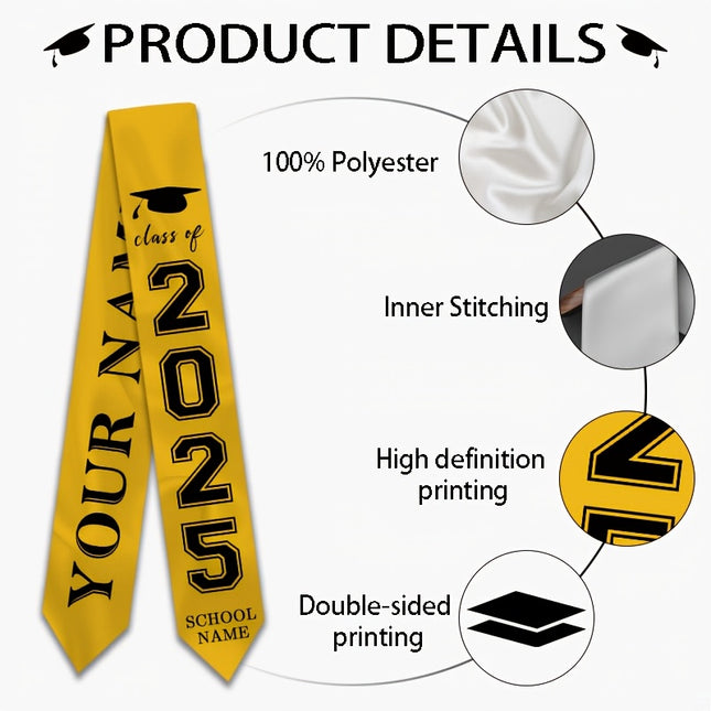 UUBAO Personalized Photo Name Graduation Shawl Custom Multi-color Option Graduation Stole Class Of 2025 Honor Shoulder Strap Decoration (Yellow)