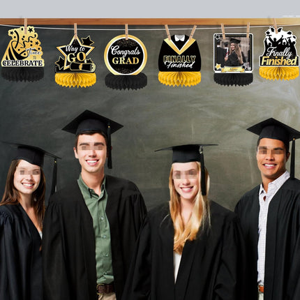 UUBAO 9 PCS Custom Graduation Party Honeycomb Centerpieces Class of 2025 Congrats Grad Decorations Congratulate Graduation Table Toppers for Graduation Party Favor Supplies (Black and Gold)