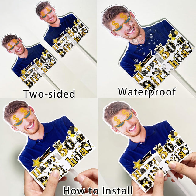 UUBAO Personalized Double Sided Happy Birthday Photo Prop Face Fan Customized Birthday Fun Supplies(Black and Gold)