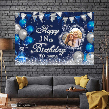 UUBAO Custom Navy Blue Theme Birthday Banner for Party Happy Birthday Backdrop Decoration Personalized with Name and Photo
