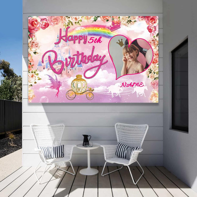 UUBAO Custom Princess Castle Happy Birthday Party Decorations Supplies Personalized Pink Royal Backdrop Banner for Girl