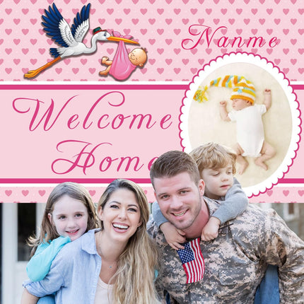 UUBAO Custom Welcome Home Baby Girl Garden Flag Shower Birth Announcement Family Party Newborn Gender Reveal Lawn Yard Sign Pink Stork Outdoor Decoration Burlap Banner Pink-Baby